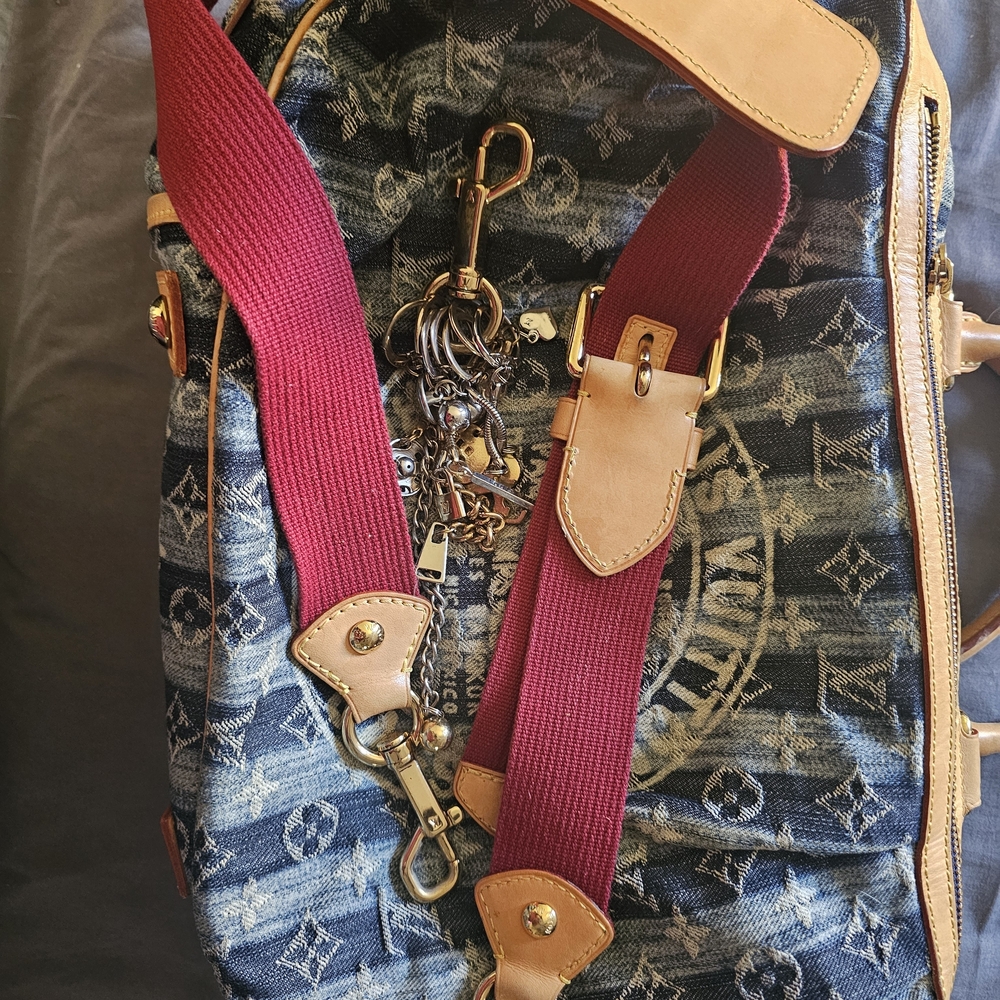 Louis Vuitton Denim Monogram Tote with Burgundy Strap
